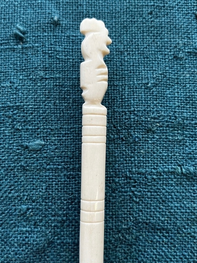 Roman drop spindle / distaff, with rooster decoration - replica made of polished bone