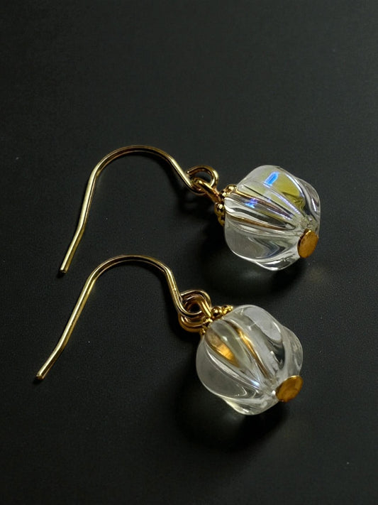 Klare Melonenperlen-Ohrhänger, eisenzeitlich - römisch, vergoldetes Messing, Glas , vergoldeter antiallergener Edelstahl (Haken), (Kopie)