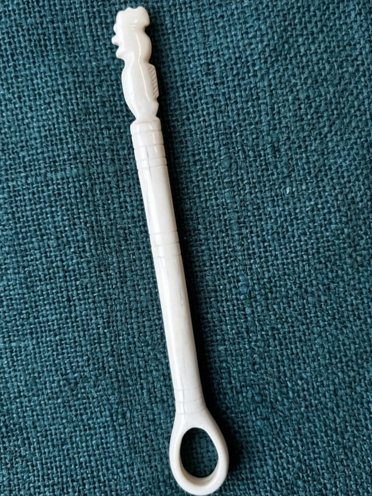 Roman drop spindle / distaff, with rooster decoration - replica made of polished bone